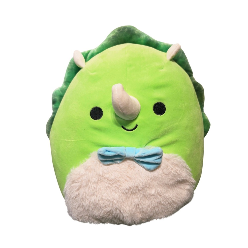 Squishmallows Tristan Green Triceratops Dinosaur Blue Bow Tie‎ Fuzzy Belly 12"